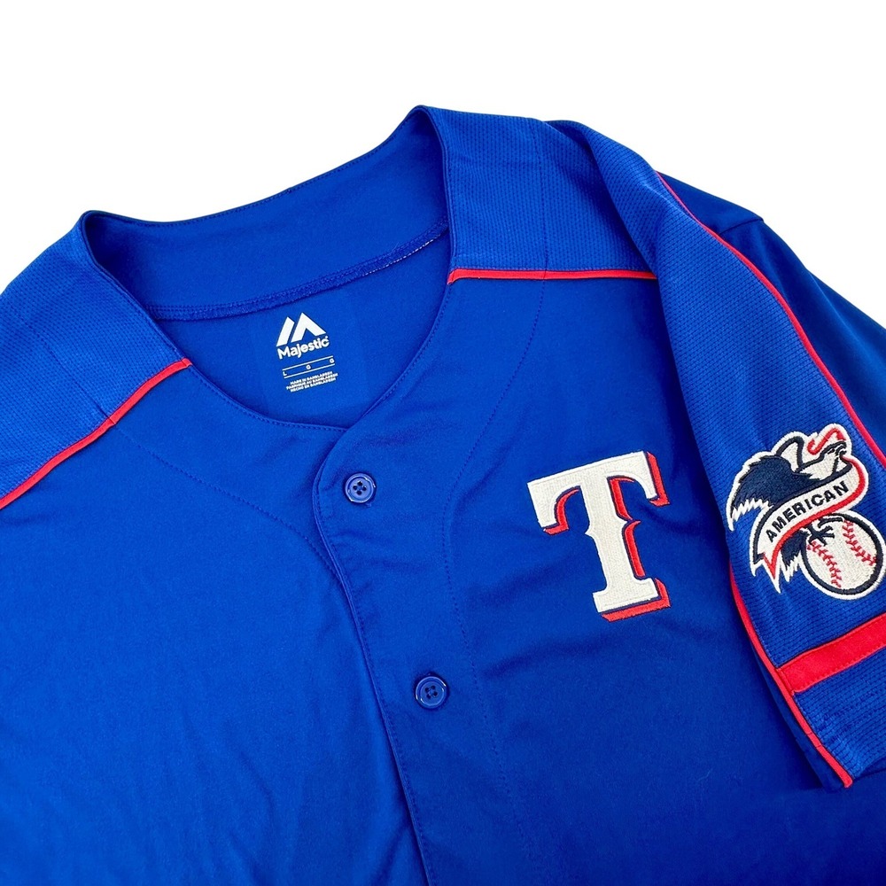VTG Majestic Texas Rangers MLB Baseball Jersey Blue Large Button Sleeve Patch